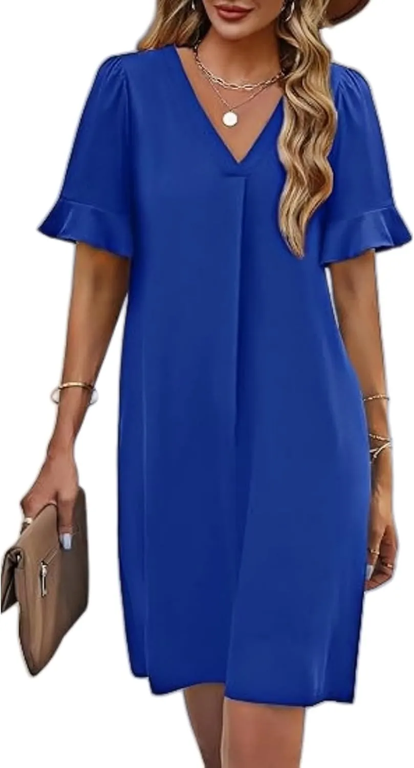 Summer Dresses for Women Ruffle Short Sleeve V Neck Casual Shift Dress with Pockets Beach Vacation Clothes