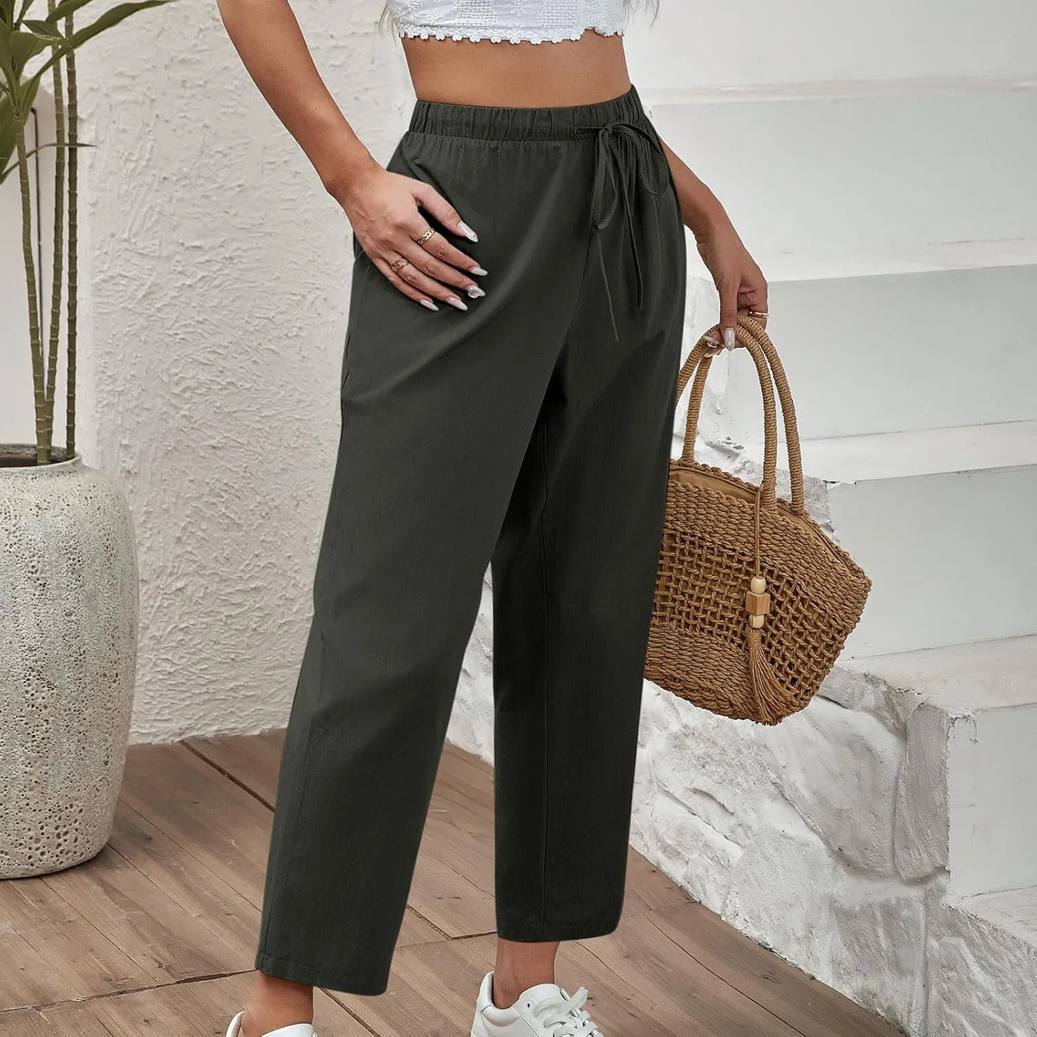 Women's Cotton Linen Summer Pants Wide Leg Casual Drawstring Elastic Pants Fashion Solid Color Trousers with Pockets
