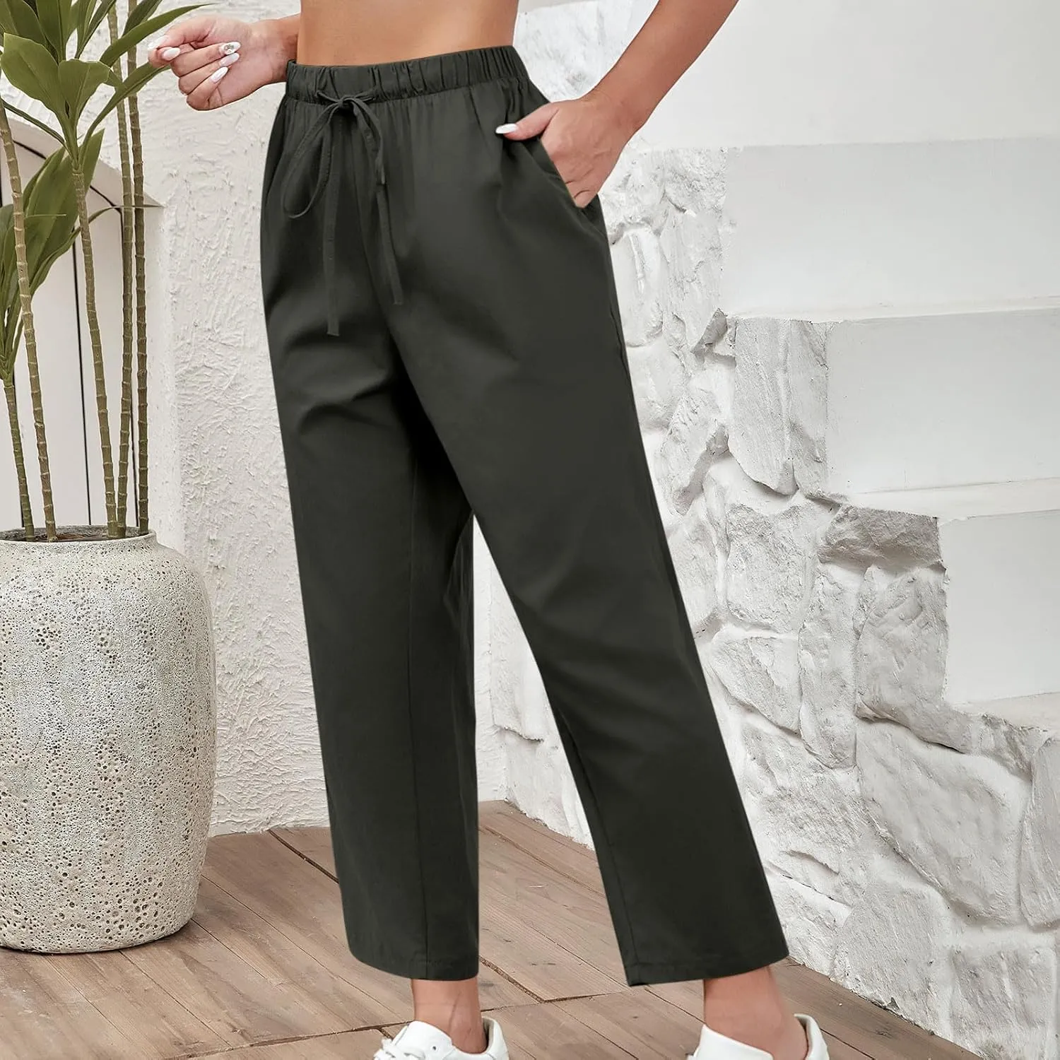 Women's Cotton Linen Summer Pants Wide Leg Casual Drawstring Elastic Pants Fashion Solid Color Trousers with Pockets