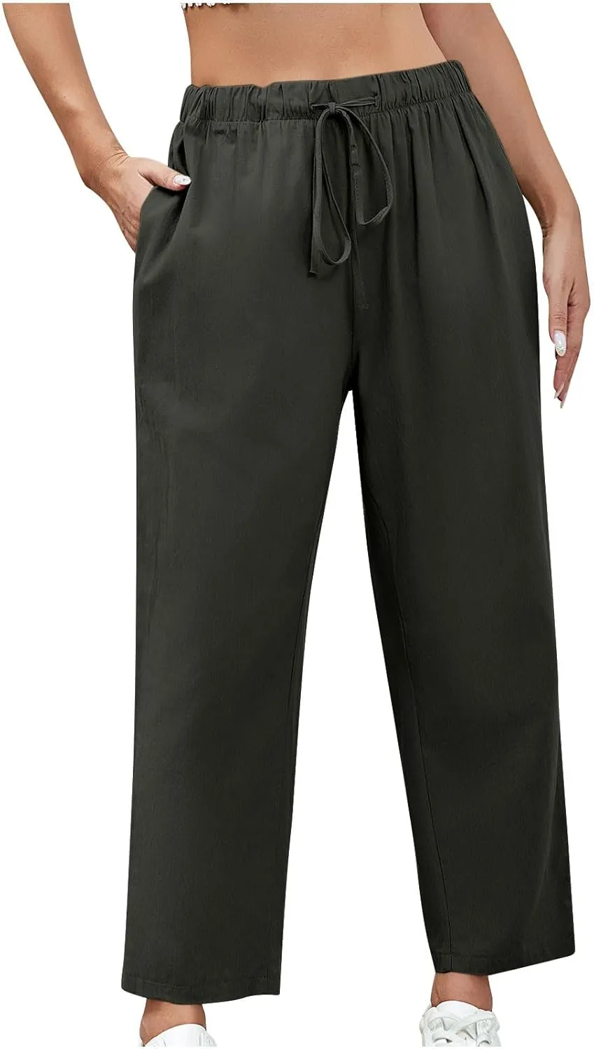 Women's Cotton Linen Summer Pants Wide Leg Casual Drawstring Elastic Pants Fashion Solid Color Trousers with Pockets