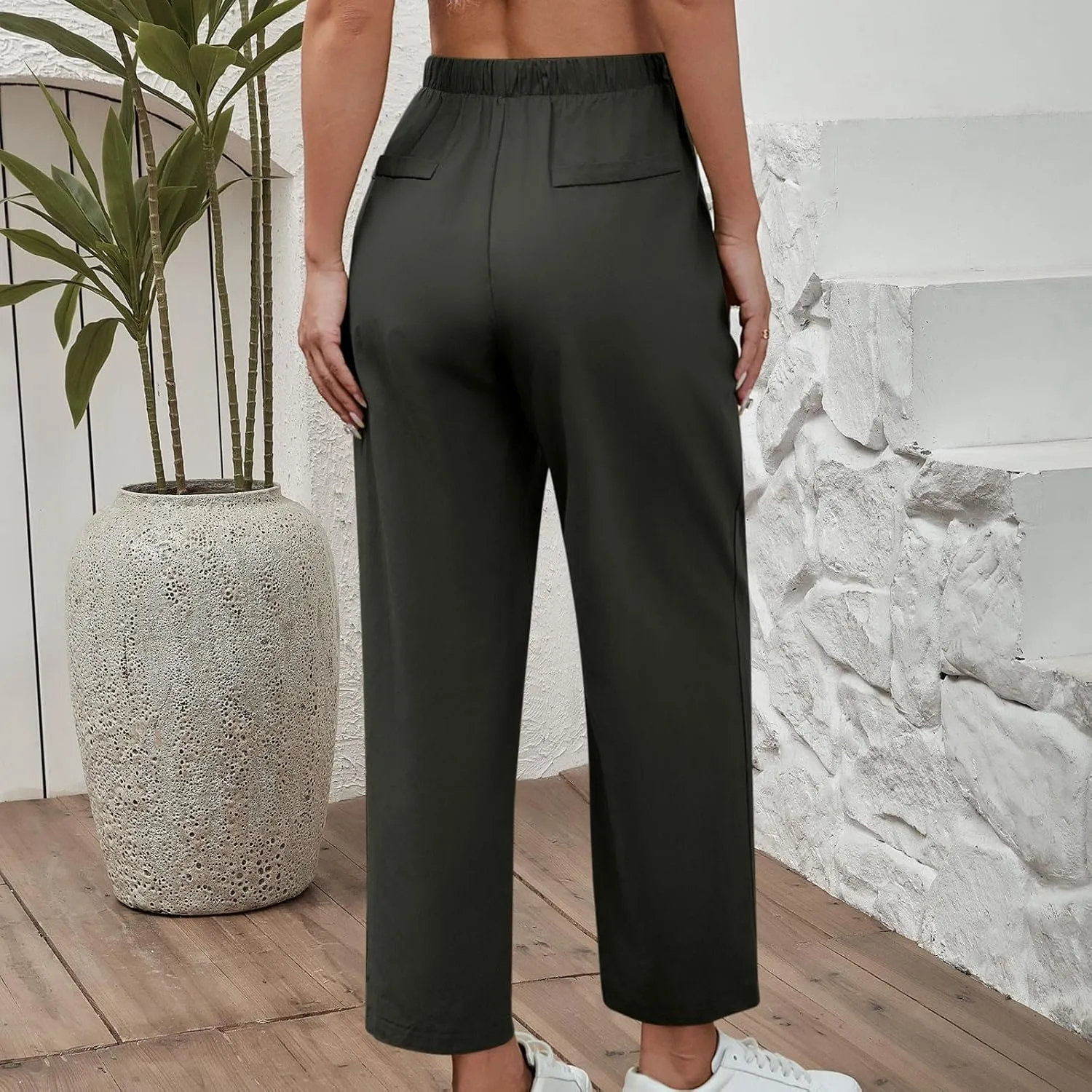 Women's Cotton Linen Summer Pants Wide Leg Casual Drawstring Elastic Pants Fashion Solid Color Trousers with Pockets