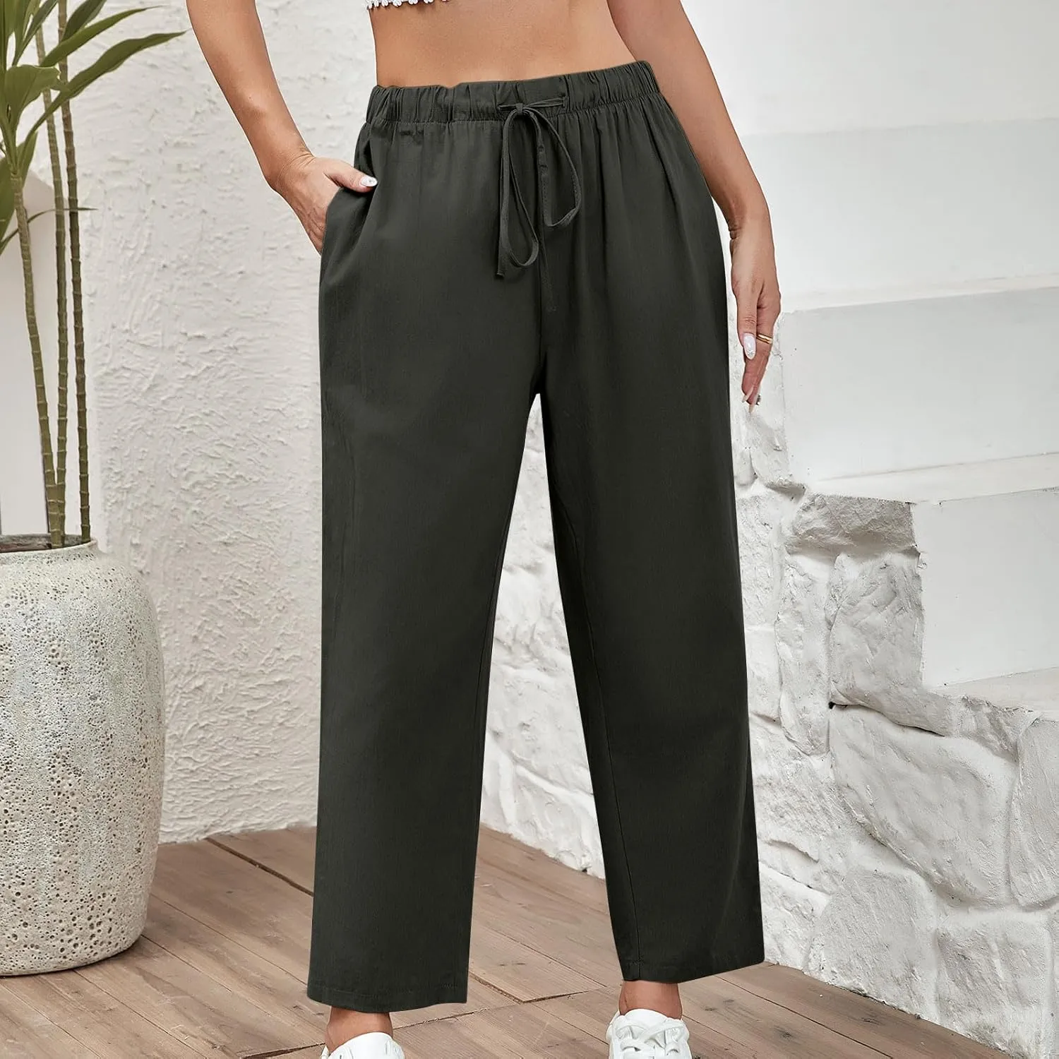 Women's Cotton Linen Summer Pants Wide Leg Casual Drawstring Elastic Pants Fashion Solid Color Trousers with Pockets