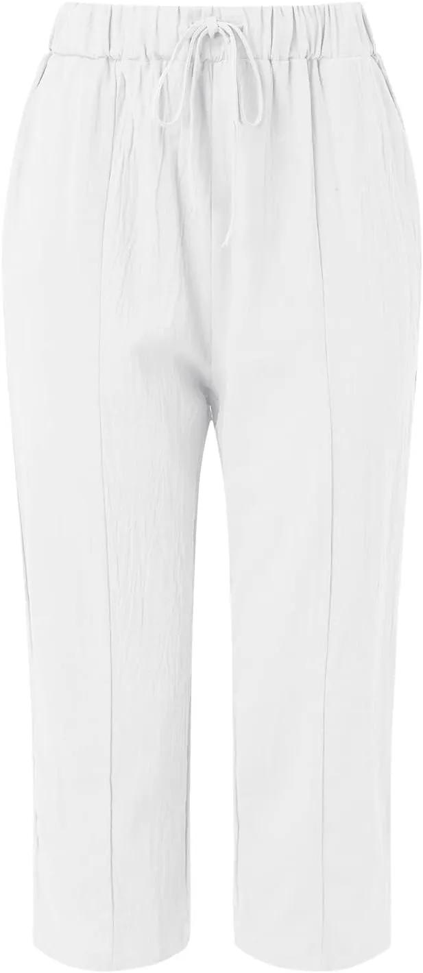 Womens Linen Pants Baggy Casual Summer Boho Straight Leg Solid Color High Waist Linen Pants Straight Trousers with Pockets