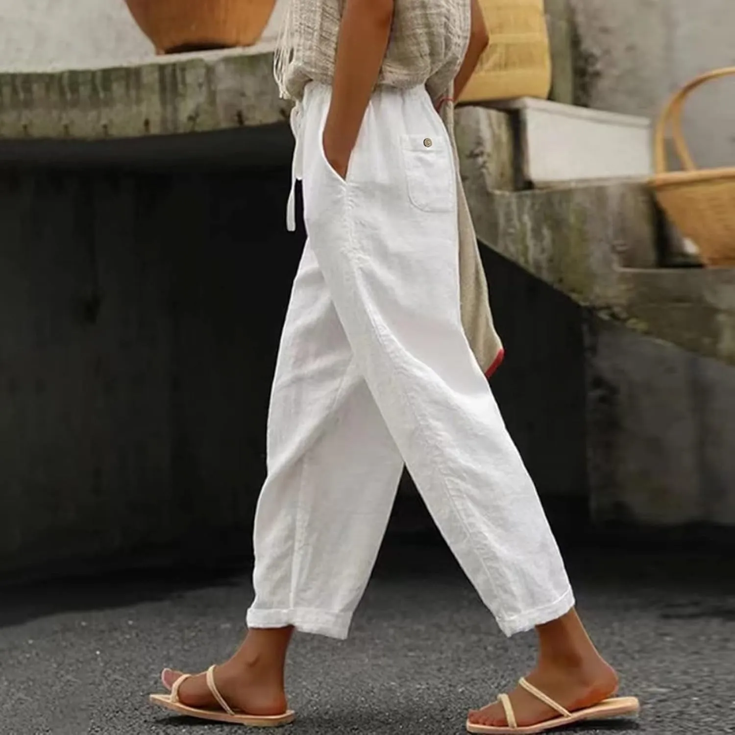 Womens Linen Pants Baggy Casual Summer Boho Straight Leg Solid Color High Waist Linen Pants Straight Trousers with Pockets
