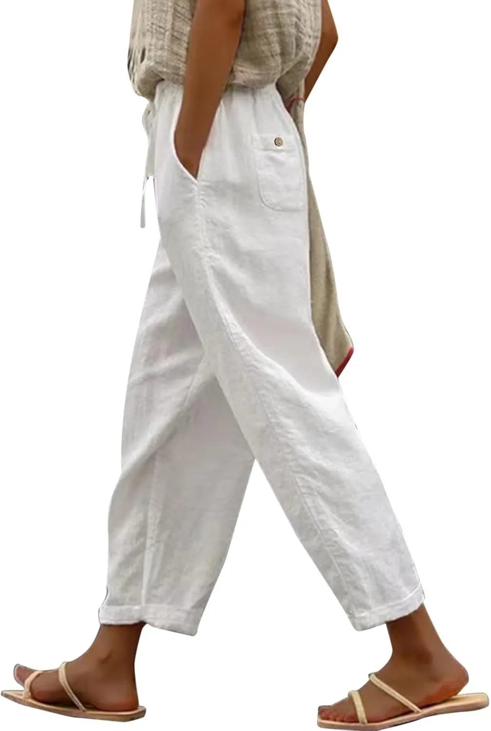 Womens Linen Pants Baggy Casual Summer Boho Straight Leg Solid Color High Waist Linen Pants Straight Trousers with Pockets