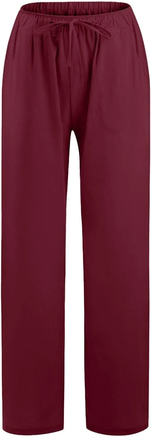 Womens Linen Pants Casual Summer Loose Beach Solid Color Plus Size High Waist Linen Pants Plus Size Trousers with Pockets