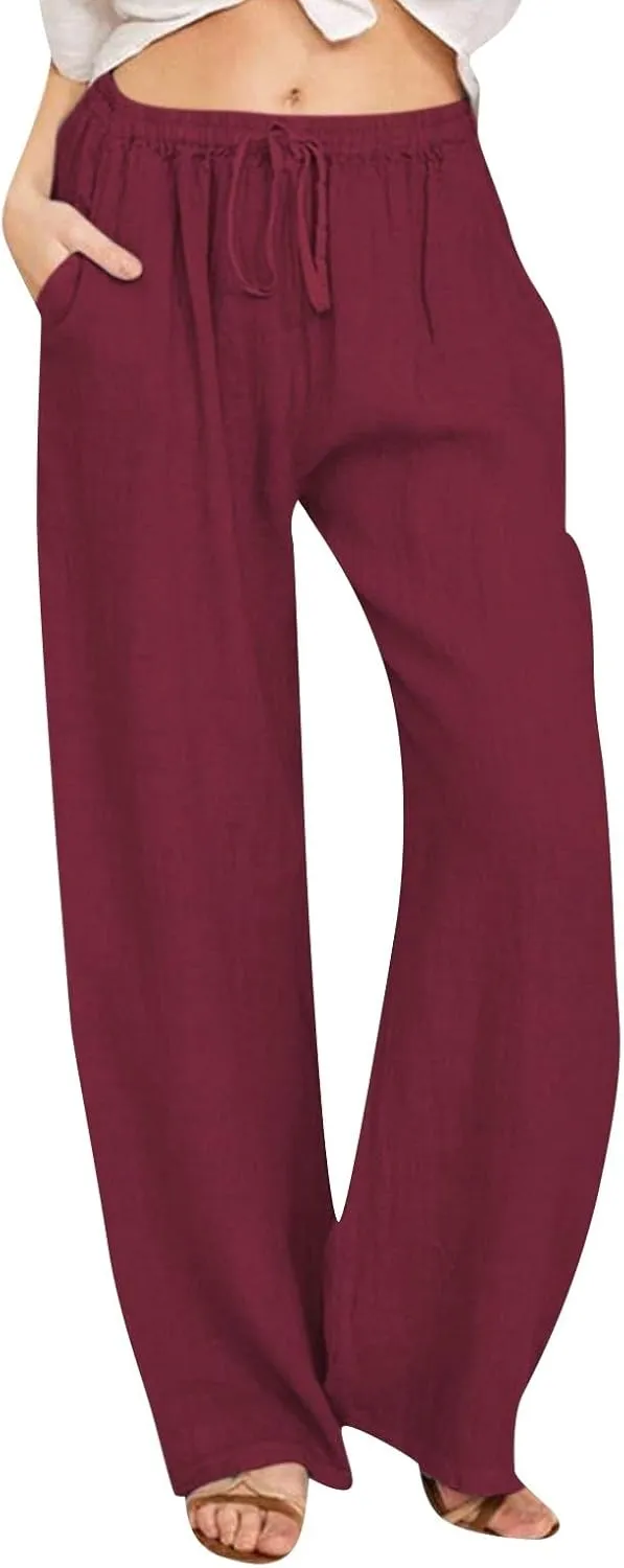 Womens Linen Pants Casual Summer Loose Beach Solid Color Plus Size High Waist Linen Pants Plus Size Trousers with Pockets