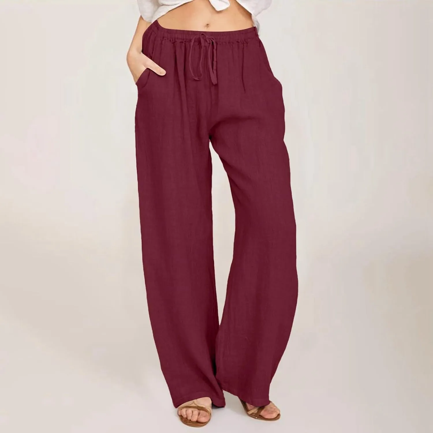 Womens Linen Pants Casual Summer Loose Beach Solid Color Plus Size High Waist Linen Pants Plus Size Trousers with Pockets