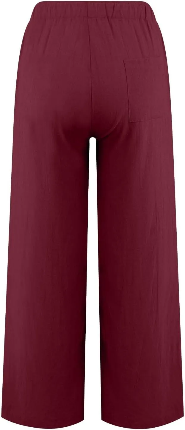 Womens Linen Pants Casual Summer Loose Beach Solid Color Plus Size High Waist Linen Pants Plus Size Trousers with Pockets