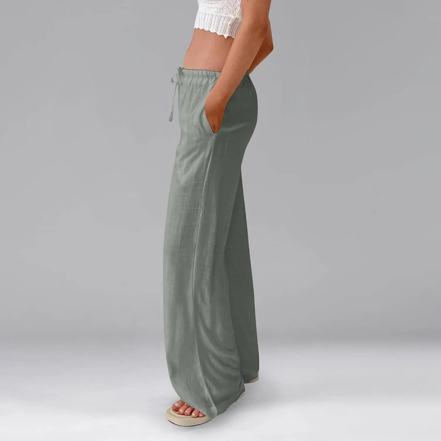 Womens Linen Pants Summer Drawstring Elastic Low Rise Wide Leg Pants Loose Flowy Vacation Trousers with Pockets