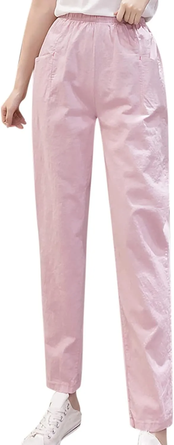 Womens Summer Cotton Linen Casual Pants Slim Fit Versatile Wear to Work Pants for Women Elastic Waist Outdoor Walking Trouser