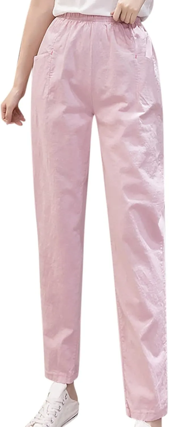 Womens Summer Cotton Linen Casual Pants Slim Fit Versatile Wear to Work Pants for Women Elastic Waist Outdoor Walking Trouser