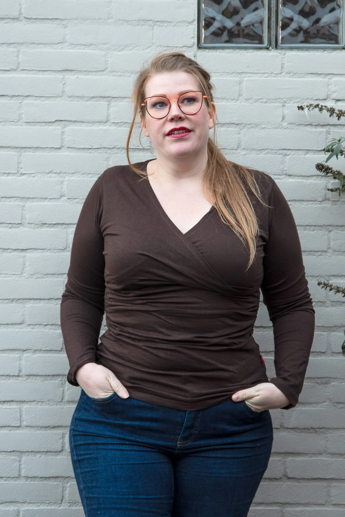 Wrap Top - cotton stretch long sleeves top - dark brown